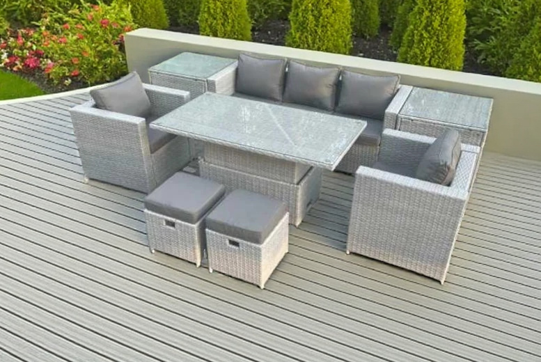 Luxurious Light Grey Rattan Sofa with Convertible Rising Table – Weather-Resistant Outdoor Dining Set | Wowcher Luxurious Light Grey Rattan Sofa with Convertible Rising Table – Weather-Resistant Outdoor Dining Set | Wowcher