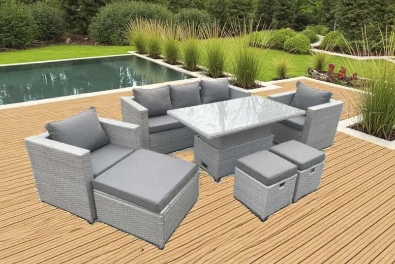 Light Grey Rattan 7-Seater Garden Sofa Set with Adjustable Dining Table – Weather-Resistant & Handmade | Wowcher Light Grey Rattan 7-Seater Garden Sofa Set with Adjustable Dining Table – Weather-Resistant & Handmade | Wowcher