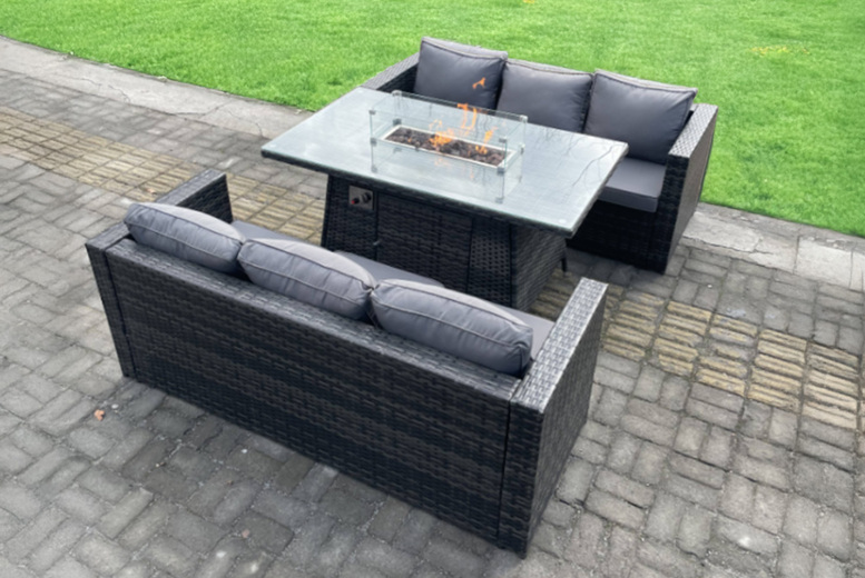 Weatherproof Rattan 6-Seater Garden Dining Set with Fire Pit Table | Wowcher Weatherproof Rattan 6-Seater Garden Dining Set with Fire Pit Table | Wowcher