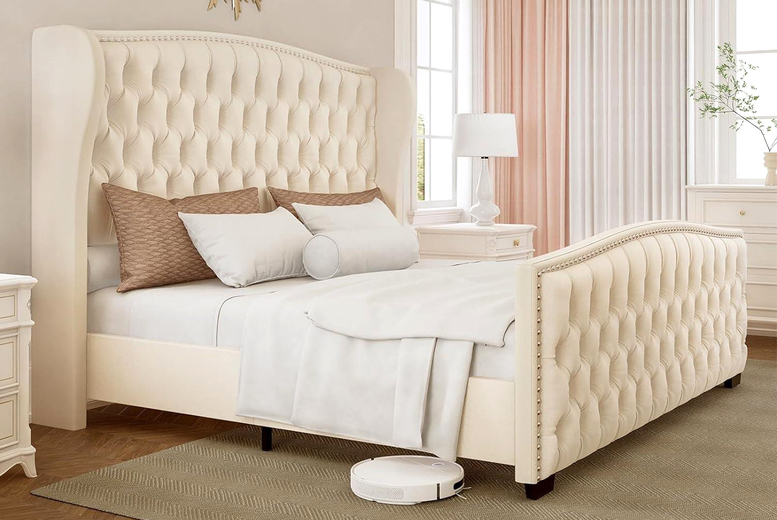 Elegant Velvet Wingback Bed Frame & Sturdy Base – Cream, 5 Sizes | Wowcher