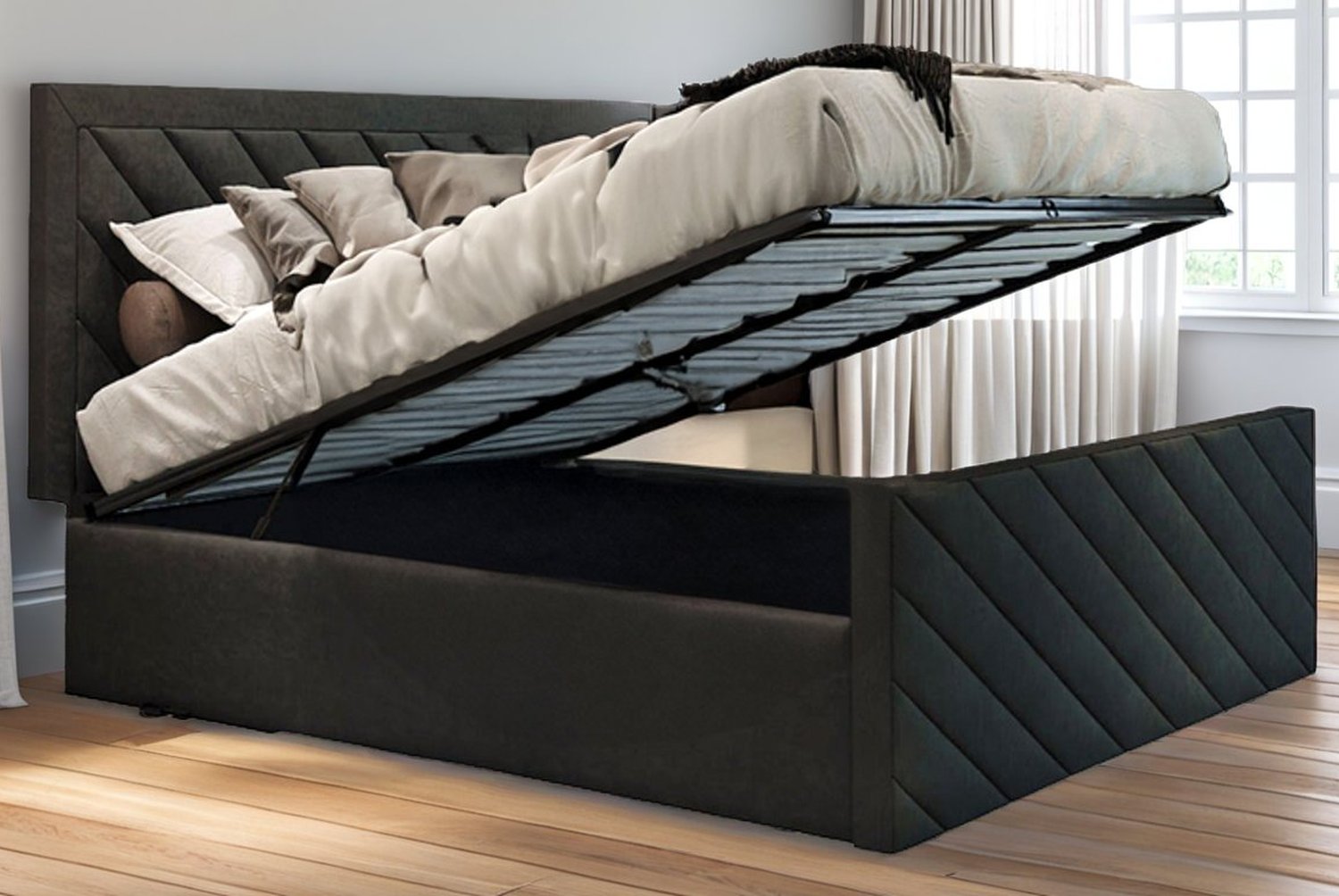 Diagonal Liner Ottoman Storage Bed with Lift-Up Mechanism | Wowcher