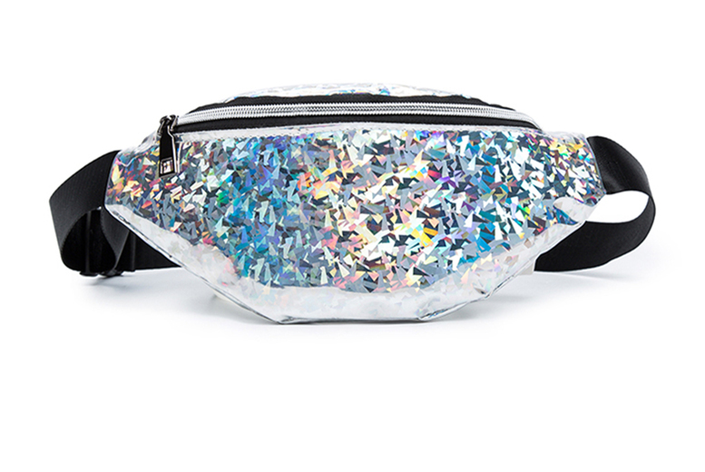 Unisex Black Shiny Holographic Unisex Waist Bag – Adjustable, Compact Festival Bum Bag in 5 Colours | Wowcher