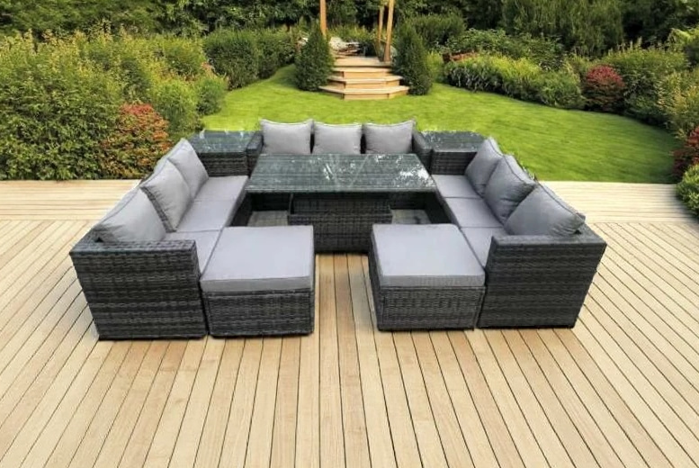 11-Seater Deluxe PE Rattan Garden Dining Set – Weather-Resistant, Modern, Rising Table | Wowcher
