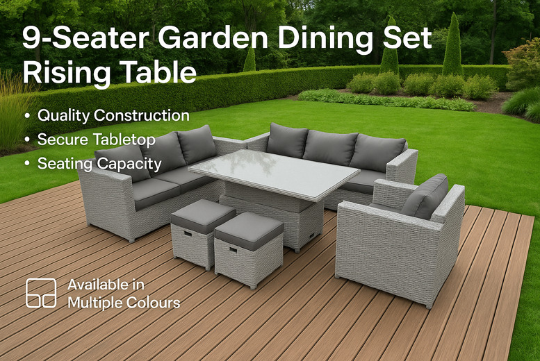 9-Seater Modern Rattan Garden Dining Set with Adjustable Rising Table | Wowcher 9-Seater Modern Rattan Garden Dining Set with Adjustable Rising Table | Wowcher