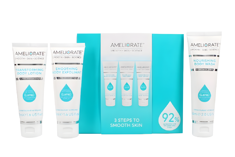 Ameliorate 3-Piece Skincare Sensation Set – Hydrating Body Lotion, AHA Exfoliant & Omega Oils for Smooth, Glowing Skin – For All Skin Types | Wowcher