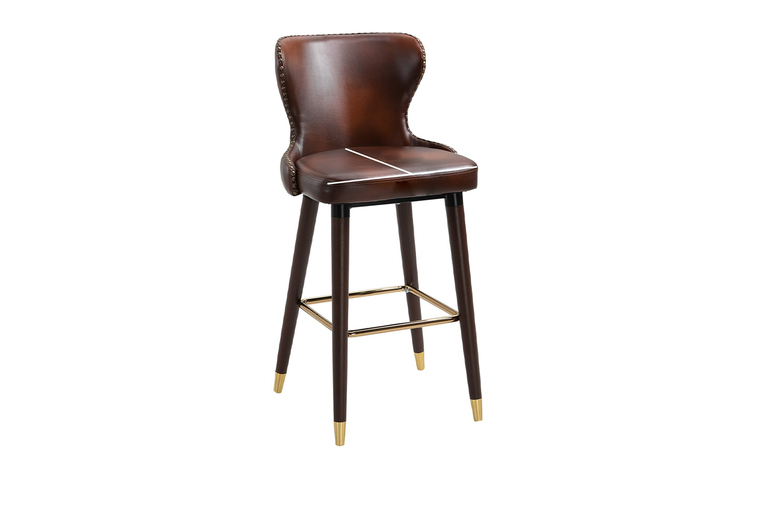 Set of 2 PU Leather Vintage Bar Stools – Brown & Gold, Padded, High Back, 120kg Capacity | Wowcher
