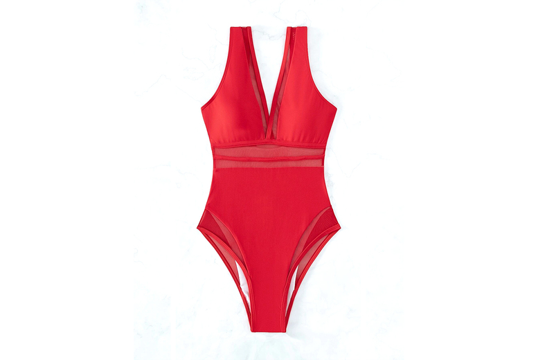 Red Women’s Mesh Patchwork One-Piece Swimsuit – Push-Up, Quick-Dry, Versatile | Wowcher