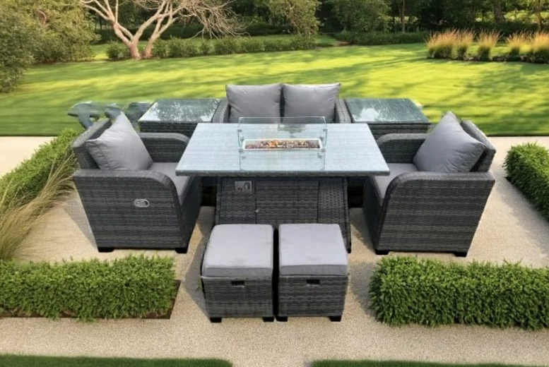 Luxurious Rattan Garden Dining Set with Reclining Sun Lounger and Fire Pit Table | Wowcher