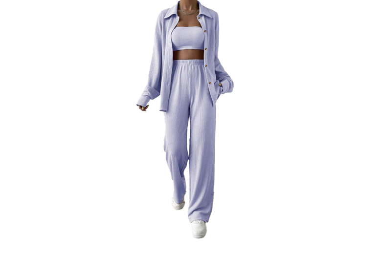 Purple Women’s Two-Piece Button-Down Shirt and Pant Set – Versatile Summer Style | Wowcher