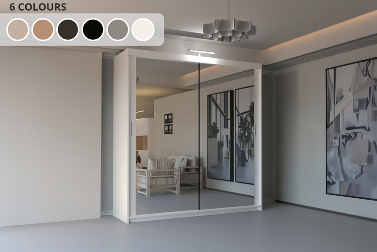 Chicago Contemporary Double Mirror Sliding Door Wardrobe – Full-Length Mirrors, Soft-Close Sliding, 5 Sizes, 6 Colours | Wowcher Chicago Contemporary Double Mirror Sliding Door Wardrobe – Full-Length Mirrors, Soft-Close Sliding, 5 Sizes, 6 Colours | Wowcher
