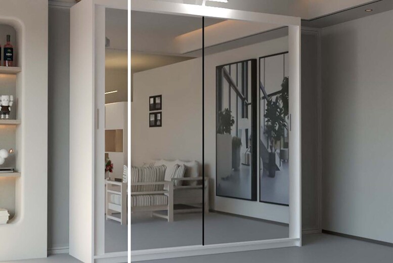 Chicago Contemporary Double Mirror Sliding Door Wardrobe – Full-Length Mirrors, Soft-Close Sliding, 5 Sizes, 6 Colours | Wowcher Chicago Contemporary Double Mirror Sliding Door Wardrobe – Full-Length Mirrors, Soft-Close Sliding, 5 Sizes, 6 Colours | Wowcher