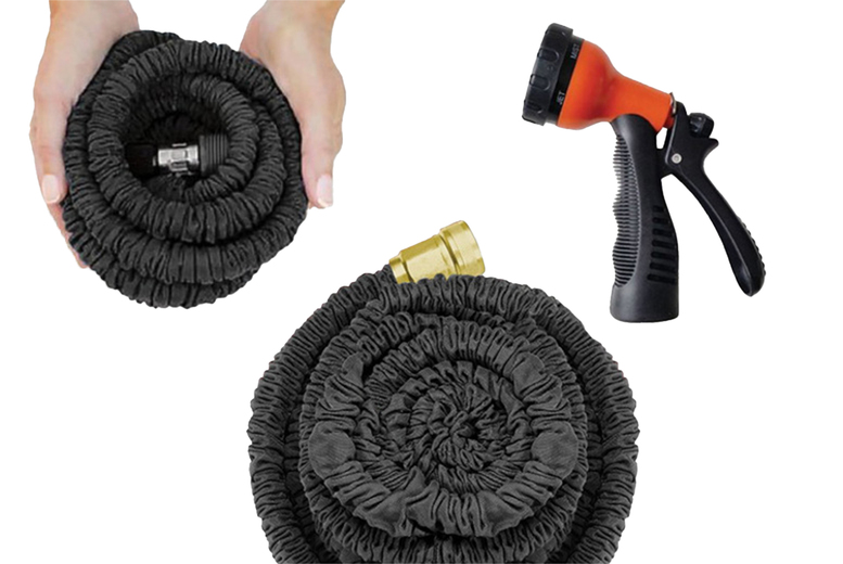 Expandable Anti-Kink Garden Hose with Multi-Mode Spray Nozzle - 5-in-1, Flexible, Lightweight (Black, 50ft-200ft Options) | Wowcher