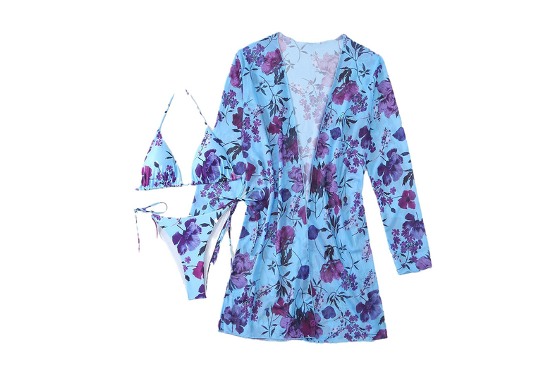 Women’s Black 3-Piece Floral Bikini Swimsuit with Kimono – Vibrant Summer Beachwear | Wowcher