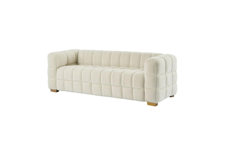 Cream Teddy Fleece Boucle 3-Seater Sofa – Modern Plush Fabric Loveseat with Scatter Pillows | Wowcher