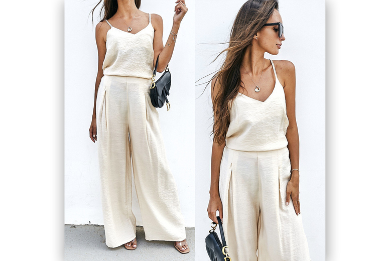 Green Women’s Strappy Top & Wide Pants Co-ord Set – Breathable Summer Fashion | Wowcher