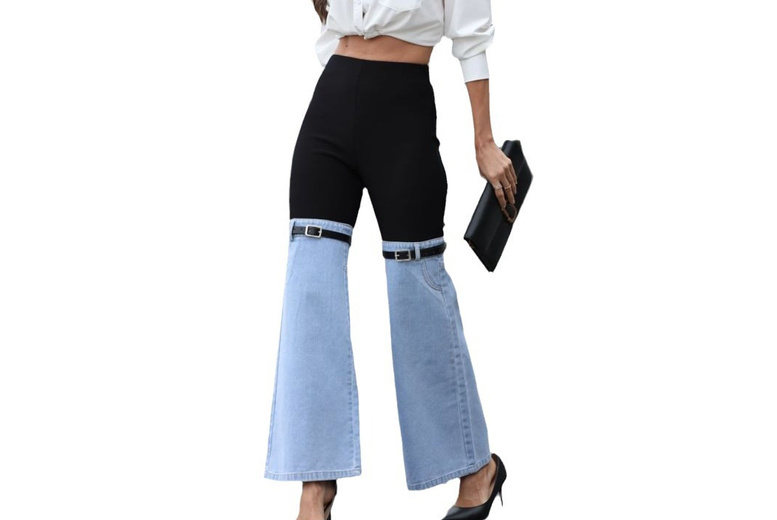 Black Women’s Wide Leg Patchwork Denim Trousers – Stretchy Summer Essential | Wowcher