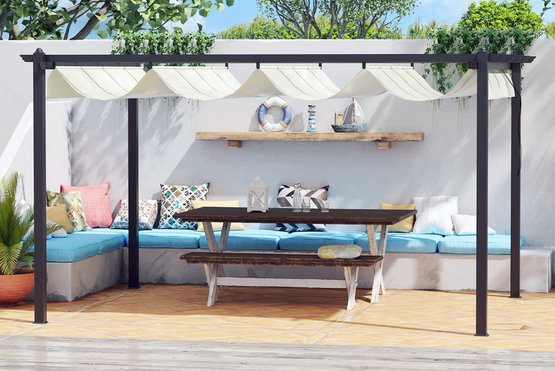 Aluminium Retractable Garden Pergola with Adjustable Weather-Resistant Canopy, 4x3m – Cream White | Wowcher Aluminium Retractable Garden Pergola with Adjustable Weather-Resistant Canopy, 4x3m – Cream White | Wowcher