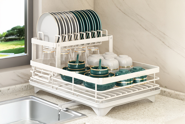 2 Tier Dish Drainer Rack – Streak-Free, Rustproof, Space-Saving Kitchen Organiser | Wowcher