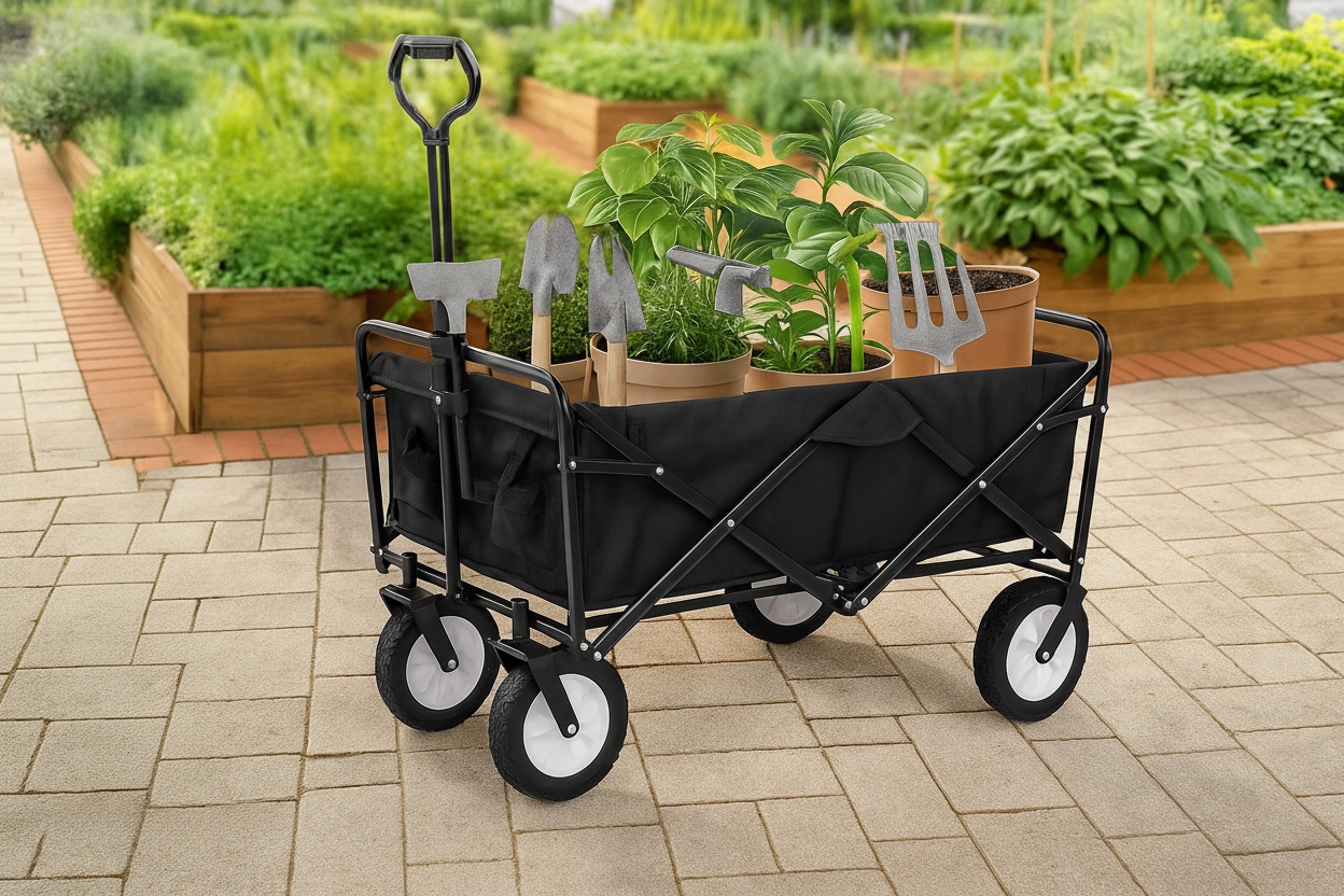 Heavy Duty Foldable Garden Trolley – 70kg Capacity, Steel Frame, All-Terrain Tyres – Black | Wowcher