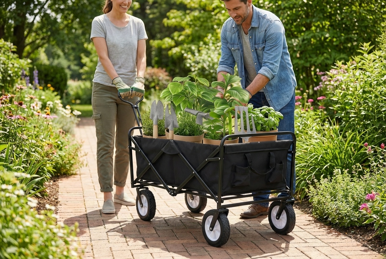 Heavy Duty Foldable Garden Trolley - 70kg Capacity, Steel Frame, All-Terrain Tyres - Black | Wowcher
