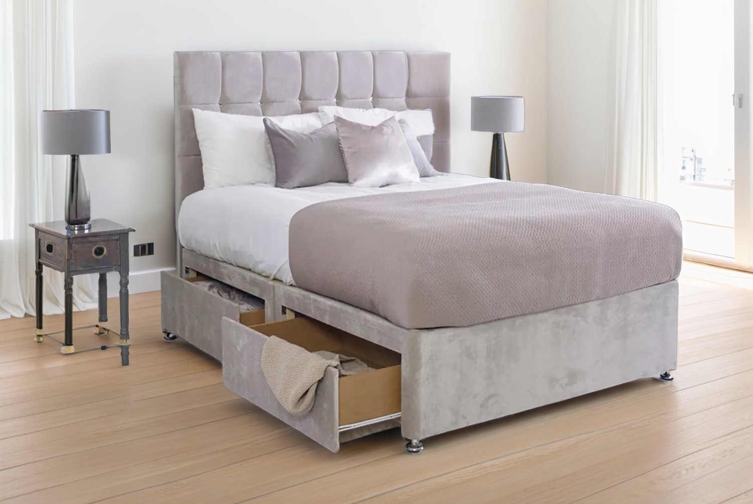 Ottoman Divan Bed with 2 or 4 Storage Drawers, Cube Headboard & Premium Naples Fabric – All Sizes | Wowcher Ottoman Divan Bed with 2 or 4 Storage Drawers, Cube Headboard & Premium Naples Fabric – All Sizes | Wowcher