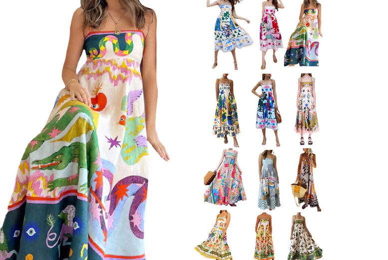 Women’s Black Breathable Polyester Halter Neck Maxi Dress – Sleeveless, Adjustable Straps, Graffiti Print, Summer Casual | Wowcher