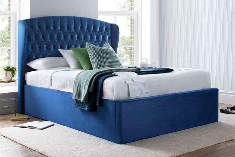 Luxury Velvet Ottoman Storage Bed with Lift-Up Mechanism – Blue, Multiple Sizes | Wowcher