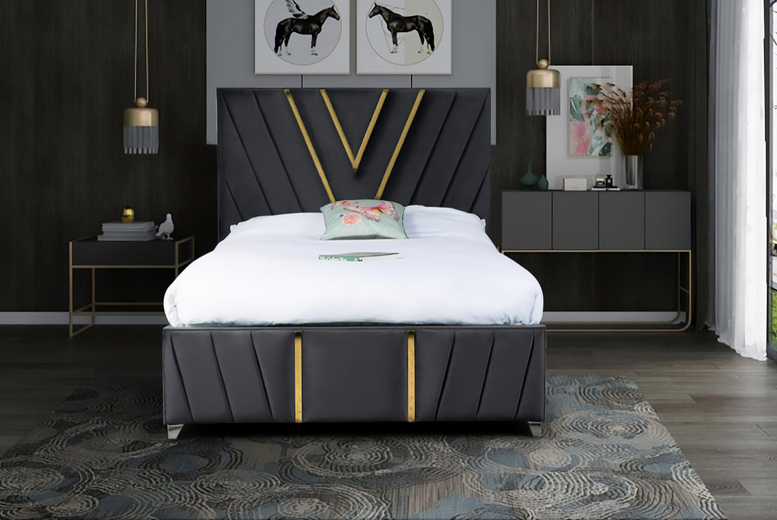 Elegant Velvet Bed Frame with Gold Trim – 5 Sizes | Wowcher