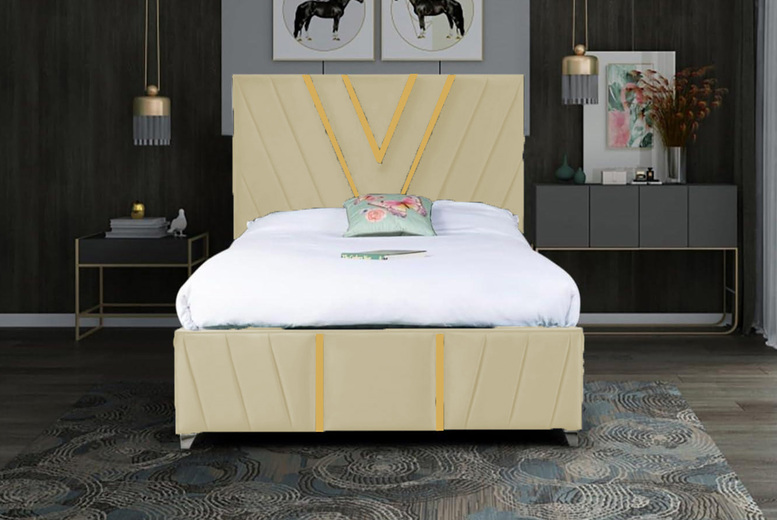 Elegant Plush Velvet Bed Frame with Gold Trim – Sturdy Modern Base | Wowcher