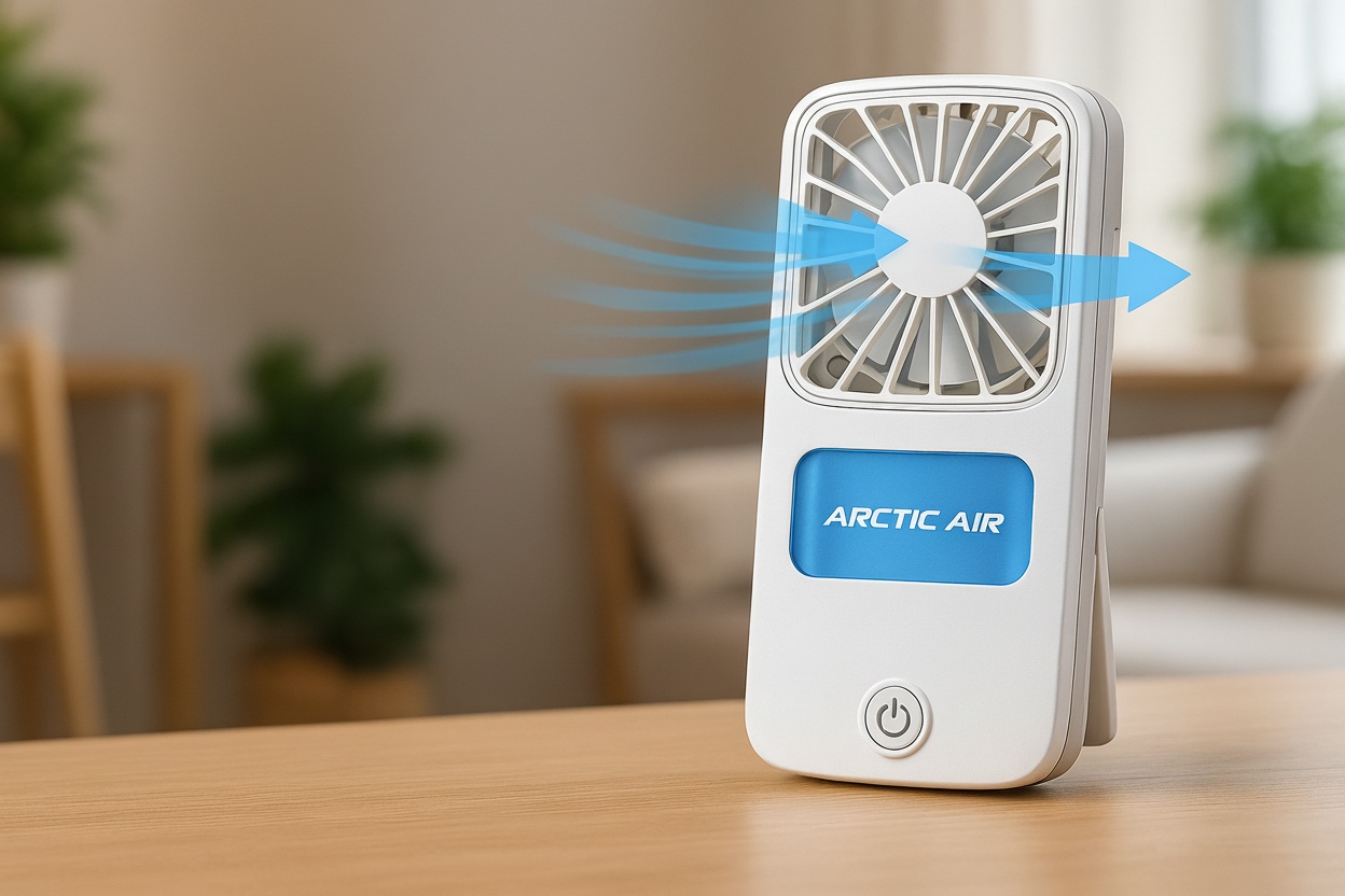 USB Powered Arctic Air Handheld Mini Air Cooler – 3-Speed Portable Fan, Quiet Operation, Evaporative Cooling, Kickstand & USB Power | Wowcher