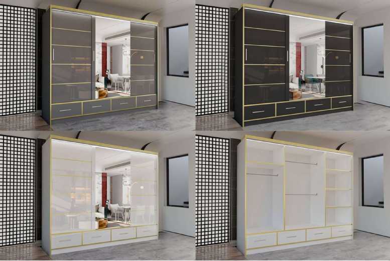 High Gloss MDF Sliding Mirror Door Wardrobe – Contemporary Space-Saving Bedroom Storage (203cm/253cm, White/Gold, Grey/Gold, Black/Gold) | Wowcher High Gloss MDF Sliding Mirror Door Wardrobe – Contemporary Space-Saving Bedroom Storage (203cm/253cm, White/Gold, Grey/Gold, Black/Gold) | Wowcher