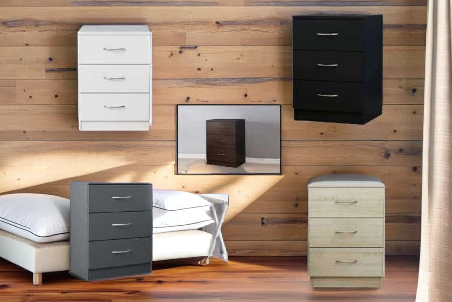 Contemporary MDF 3-Drawer Bedside Table – Modern Bedroom Storage in White, Oak, Grey, or Black | Wowcher Contemporary MDF 3-Drawer Bedside Table – Modern Bedroom Storage in White, Oak, Grey, or Black | Wowcher