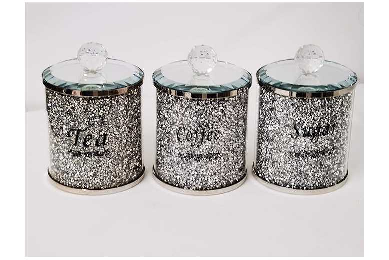 Set of Tea Coffee Sugar Crushed Diamond Canisters Wowcher