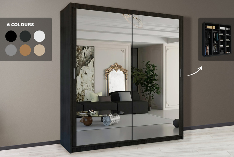 Contemporary MDF Sliding Door Mirrored Wardrobe – Space-Saving, Adjustable Storage, 5 Sizes, 6 Colours | Wowcher