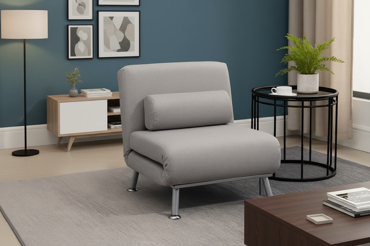 Grey Linen Convertible Sofa Bed - Single, Modern Compact Recliner | Wowcher