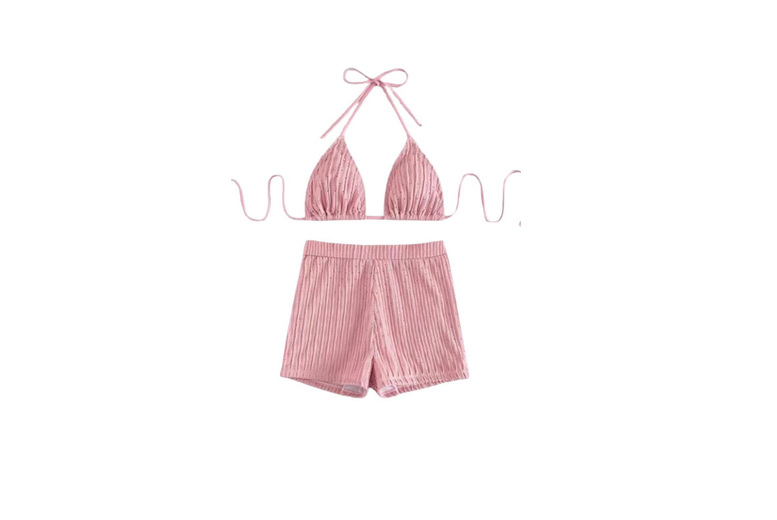 Pink Women’s Breathable 2-Piece Swimsuit Set – High Waist Shorts & Camisole | Wowcher