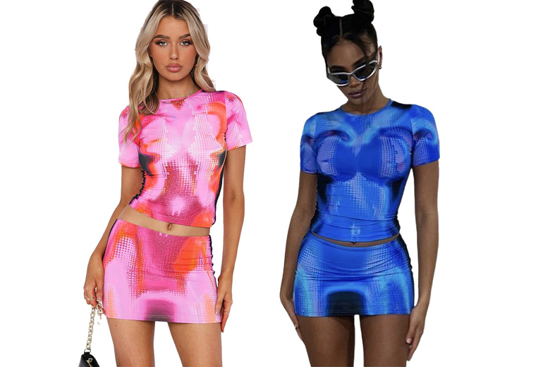 Women’s Blue Techno Body Print Milky Way Festival Outfit – Top & Mini Skirt | Wowcher