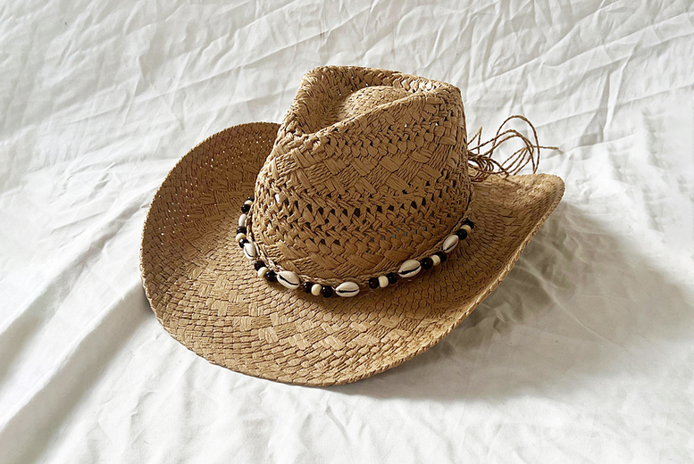 Unisex Black Cowboy Straw Hat with Shell Decoration | Wowcher