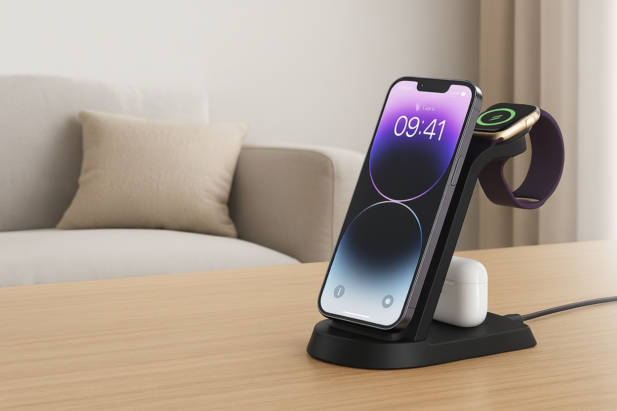 3-in-1 Fast Wireless Charger Dock for iPhone, Apple Watch & AirPods – Compact Stand, Fast Charging, Universal Compatibility | Wowcher