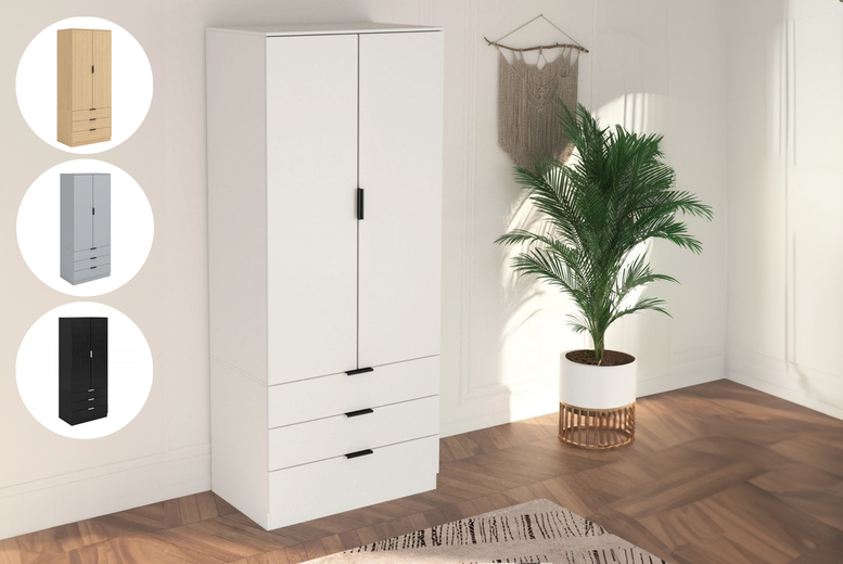 Phoenix Contemporary 2 Door 3 Drawer Oak Effect Wardrobe – Durable Bedroom Storage with Full-Width Hanging Rail | Wowcher Phoenix Contemporary 2 Door 3 Drawer Oak Effect Wardrobe – Durable Bedroom Storage with Full-Width Hanging Rail | Wowcher