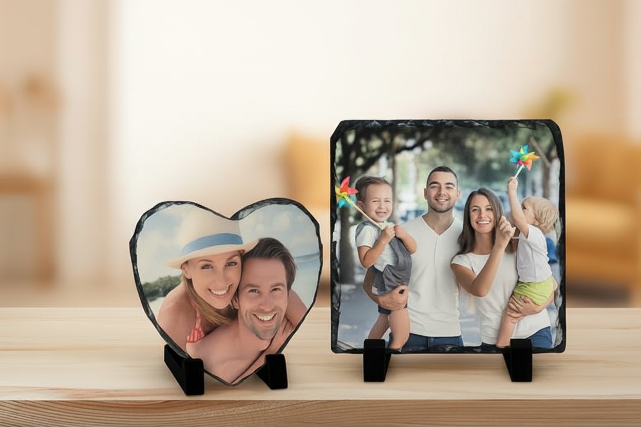 PRICE DROP! Personalised Photo Slate Wall Art - Heart or Square, Polished Metamorphic Rock, 14cm x 14cm | Wowcher