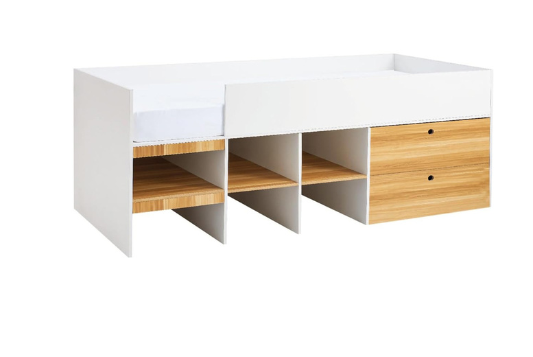 Kids’ Solid Pine Cot Bed with Storage – White & Natural, Optional Mattress, Scandi Style | Wowcher