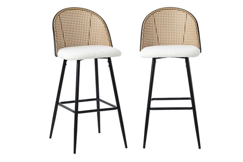 Set of 2 Boho Rattan Bar Chairs with White or Black Boucle Upholstery Set of 2 Boho Rattan Bar Chairs with White or Black Boucle Upholstery