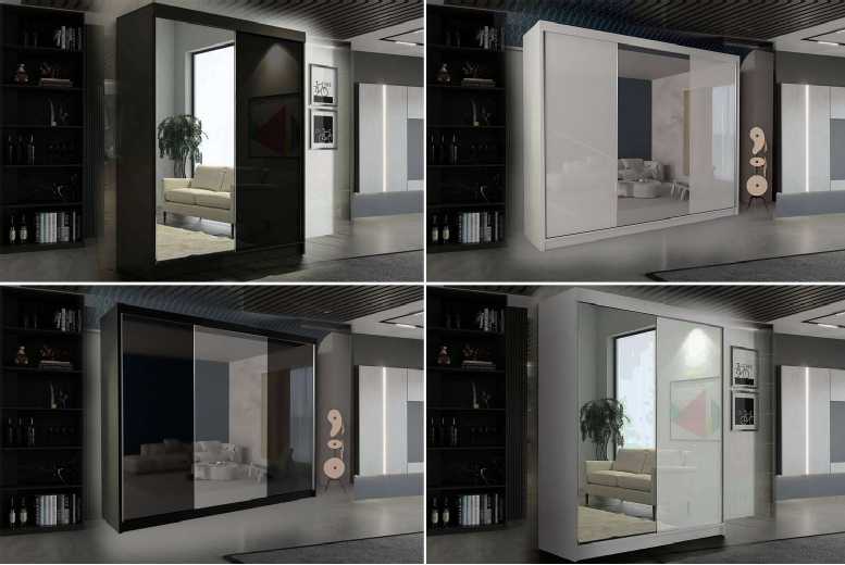 High Gloss Mirror Sliding Door Wardrobe – White & Black, Modern Storage, Double Size | Wowcher High Gloss Mirror Sliding Door Wardrobe – White & Black, Modern Storage, Double Size | Wowcher