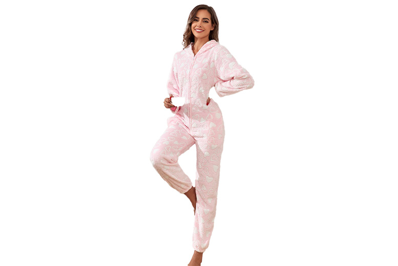 Blue Women’s Furry Sleepwear Romper with Ears on Hoodie – 4 Sizes & 4 Colours | Wowcher
