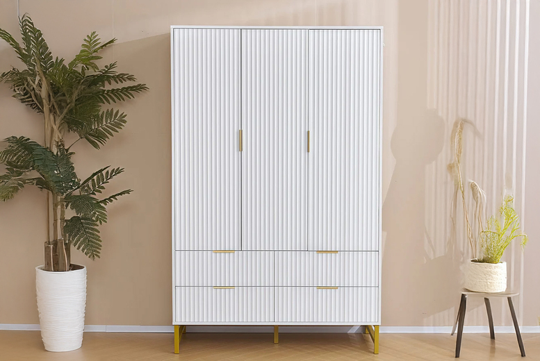 Mercury Ridged White Wardrobe – 2 or 3 Door, Gold Steel Legs, Storage Drawers, Contemporary Bedroom Storage | Wowcher Mercury Ridged White Wardrobe – 2 or 3 Door, Gold Steel Legs, Storage Drawers, Contemporary Bedroom Storage | Wowcher