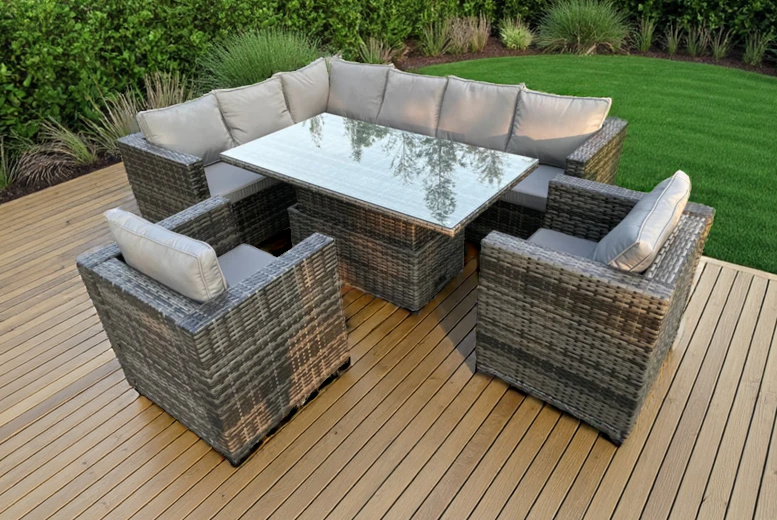 8-Seater Weatherproof Polyrattan Garden Dining Set with Rising Table – Modern Outdoor Furniture | Wowcher 8-Seater Weatherproof Polyrattan Garden Dining Set with Rising Table – Modern Outdoor Furniture | Wowcher