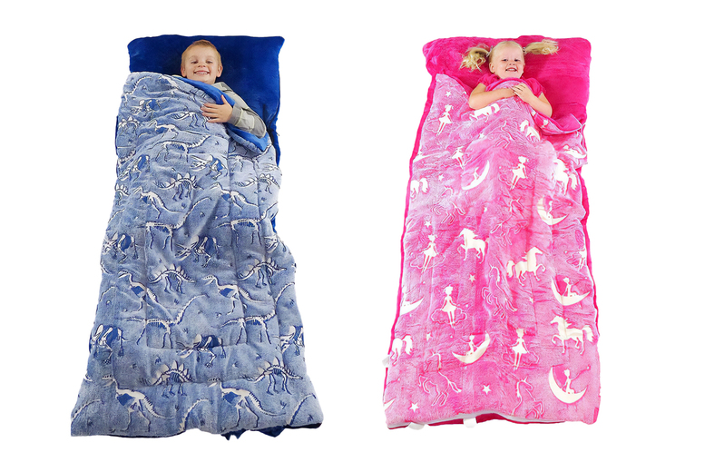 Kids Glow-in-the-Dark Dinosaur Sleeping Bag – Soft, Machine Washable, 66″ x 30″, Blue or Pink | Wowcher