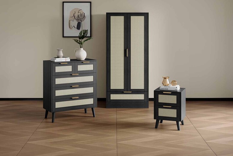 Boho Rattan Bedroom Furniture Set – Black Finish, PE Rattan, Multiple Storage, Modern Bedside Tables & Wardrobes | Wowcher
