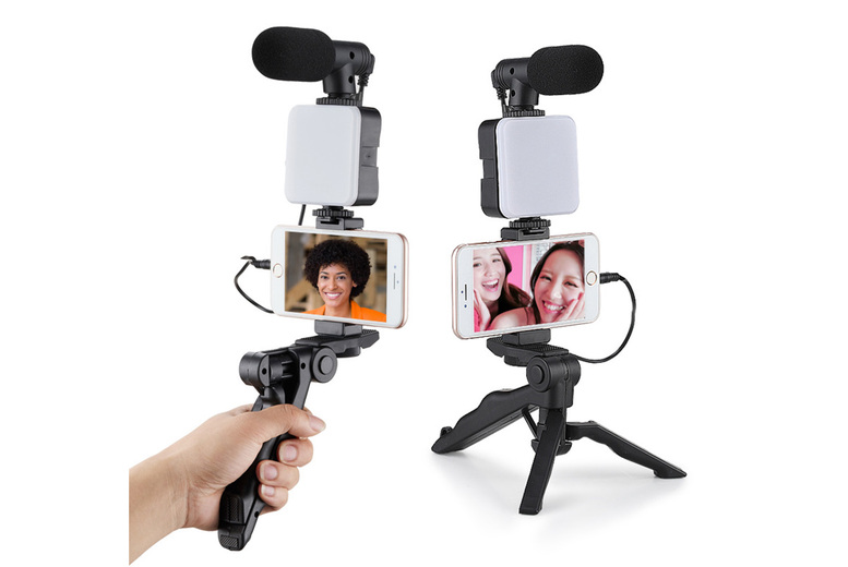 Smartphone Vlog Camera Kit with LED Light & Shotgun Mic – Universal for iPhone & Android | Wowcher